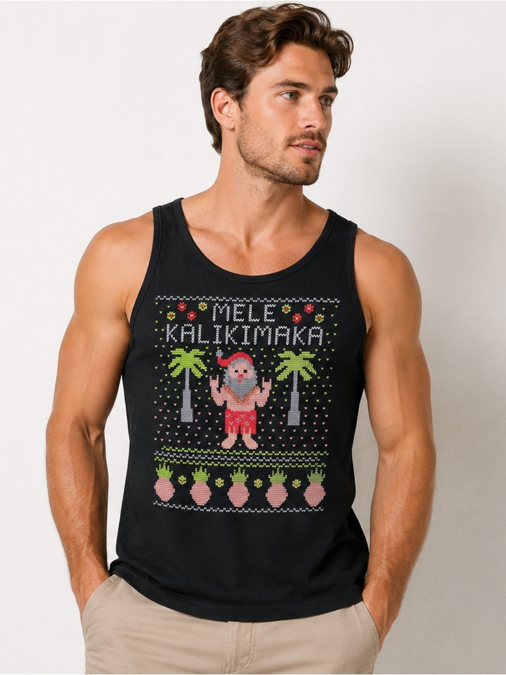 Next Level Mele Kalikimaka (Merry Christmas) Santa Black Tank Men's Size XL